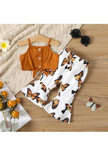 2pcs Baby Girl Button Front Self-tie Cami Crop Top and Allover Butterfly Print Flared Pants Set