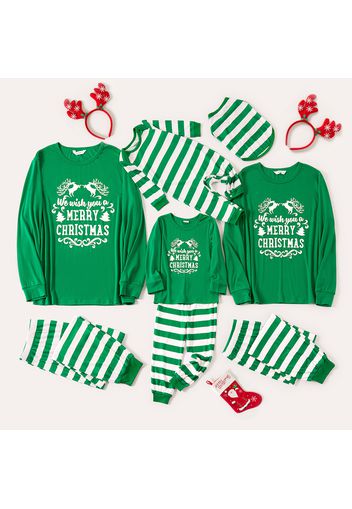 Christmas Letter and Plaid Print Green Family Matching Long-sleeve Pajamas Sets