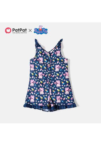 Peppa Pig Toddler Girl Allover Print Ruffled Button Bows Design Sleeveless Rompers