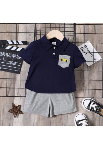 2pcs Toddler Boy Pocket Design Car Print Short-sleeve Polo Shirt and Grey Shorts Set