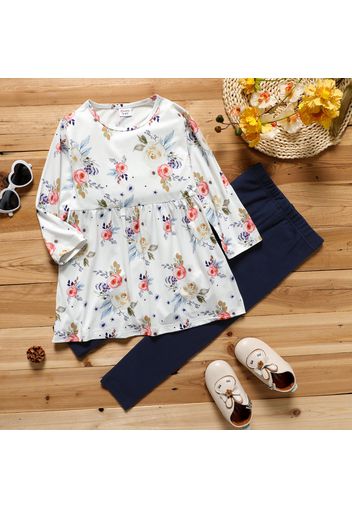 2-piece Toddler Girl Floral Print Long-sleeve Top and Dark Blue Leggings set