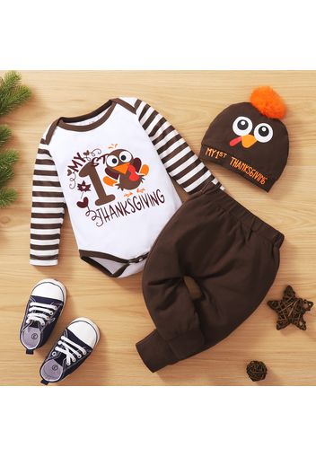 Baby 3pcs Thanksgiving Cartoon Turkey Stripe Print Long-sleeve Romper Set