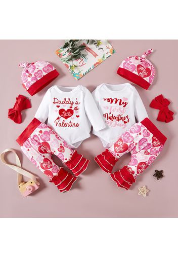 Valentine's Day 4pcs Baby Girl Red Love Heart and Letter Print Long-sleeve Set