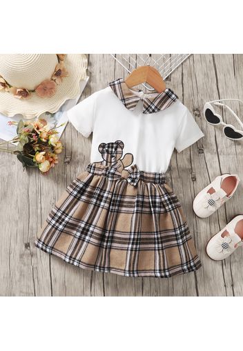 2pcs Toddler Girl Doll Collar Bear Print Short-sleeve Tee and Bowknot Design Plaid Skirt Set