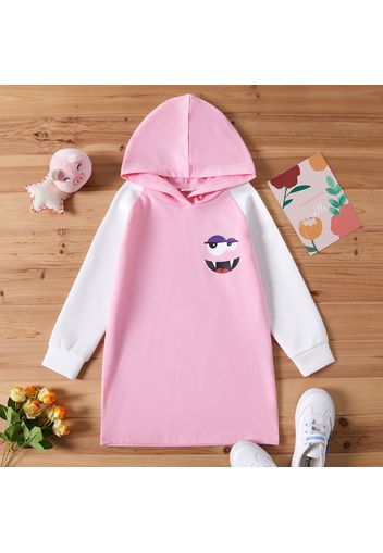 Kid Girl Face Emojis Print Raglan Sleeve Colorblock Hoodie Sweatshirt