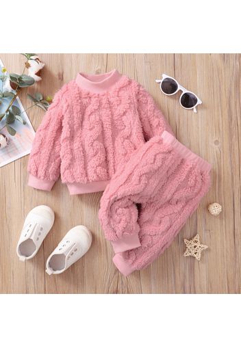 2pcs Baby Girl Solid Fuzzy Fleece Long-sleeve Pullover and Trousers Set