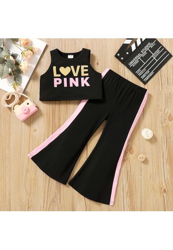 2pcs Toddler Girl Letter Heart Print Crop Tank Top and Colorblock Flared Pants Set