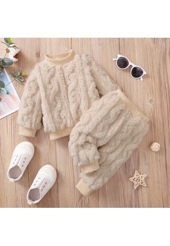 2pcs Baby Girl Solid Fuzzy Fleece Long-sleeve Pullover and Trousers Set