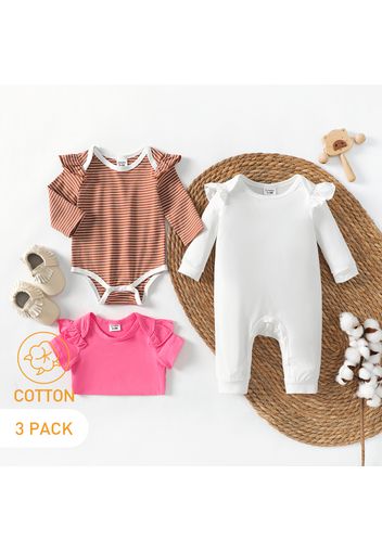 3-Pack Baby Cotton Solid Color  & Striped Romper Jumpsuit Set