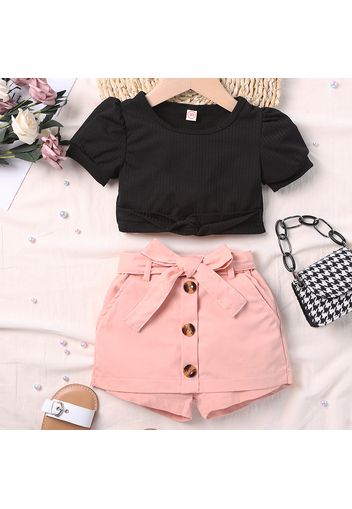 2pcs Toddler Girl Twist Knot Ribbed Puff-sleeve Black Tee and Belted Button Design Pink Shorts Set