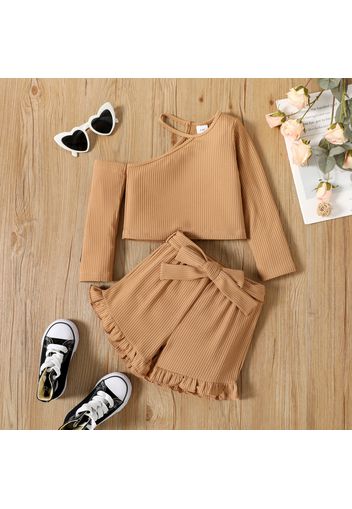 2pcs Toddler Girl Solid Color Ribbed One Shoulder Long-sleeve Tee and Ruffled Belted Shorts Set