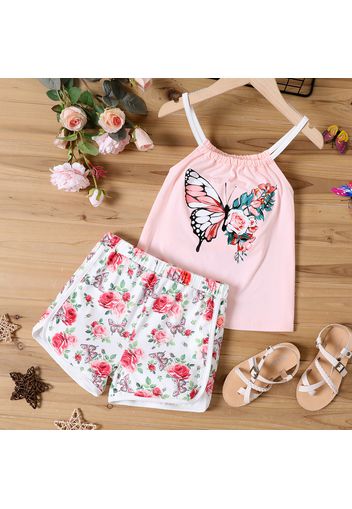 2pcs Kid Girl Butterfly Floral Print Camisole and Elasticized Shorts Set