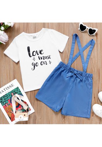 2-piece Kid Girl Letter Print White Tee and Bowknot Design Denim Suspender Shorts Set