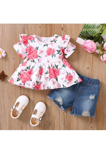 2pcs Baby Girl Allover Floral Print Ruffle Short-sleeve Top and Ripped Denim Shorts Set