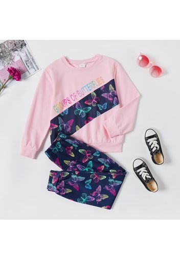 2-piece Kid Girl Letter Butterfly Print Pink Long-sleeve Top and Elasticized Pants Casual Set