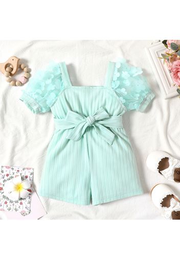 Baby Girl Pink Beaded Floral Applique Puff-sleeve Ribbed Belted Romper