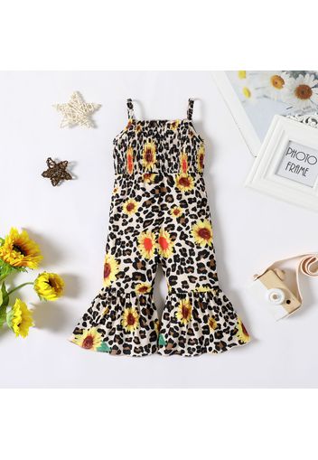 Baby Girl All Over Sunflower Leopard Print Spaghetti Strap Sleeveless Shirred Bell Bottom Jumpsuit