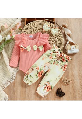 3pcs Baby Girl Rib Knit Ruffle Bowknot Long-sleeve Romper and Floral Print Paperbag Waist Belted Pants with Headband Set