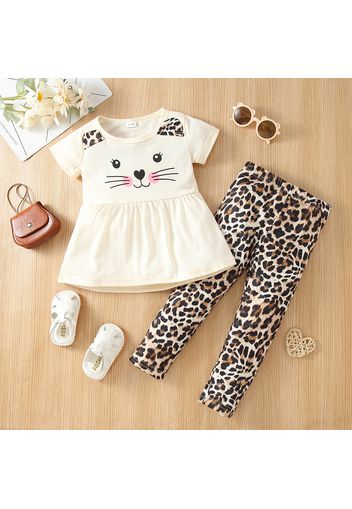 2-piece Toddler Girl Letter Cat Print Ear Design Tee and Leopard Print Pants Set