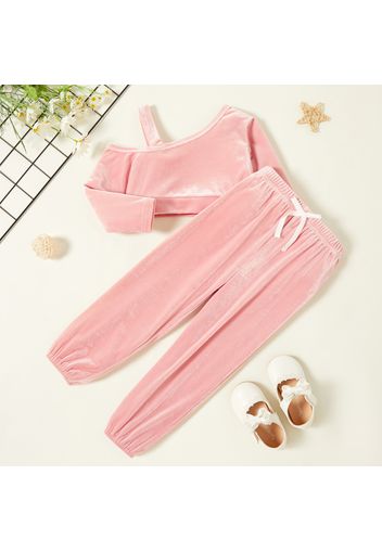 2-piece Toddler Girl One Shoulder Solid Strap Long-sleeve Top and Bowknot Elasticized Pants Velvet Set