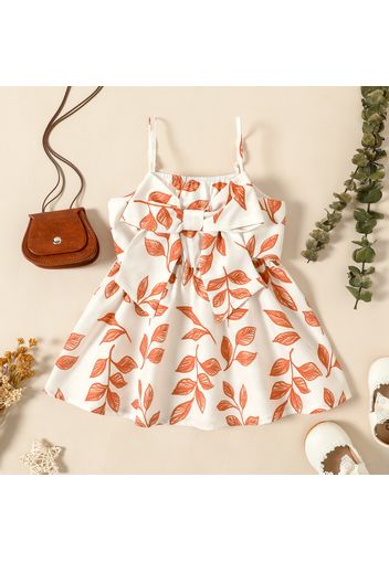 Baby Girl All Over Leaf Print White/Brown Spaghetti Strap Bowknot Dress