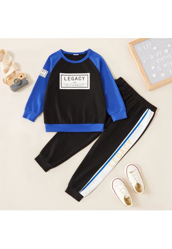 2-piece Toddler Boy Letter Print Colorblock Long-sleeve Top and Elasticized Pants Set