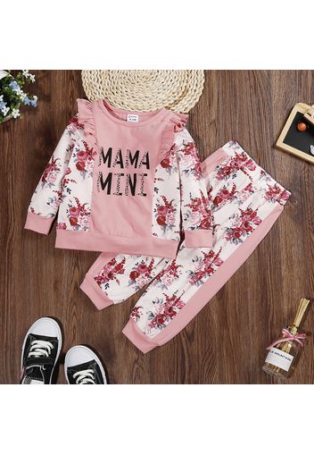 2-piece Toddler Girl Letter Floral Print Ruffled Sweatshirt and Pants Set