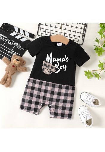 Baby Boy Short-sleeve Cartoon Bear Letter Print Spliced Plaid Romper