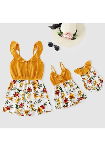 Floral Print Sleeveless Matching Yellow Sling Shorts Rompers