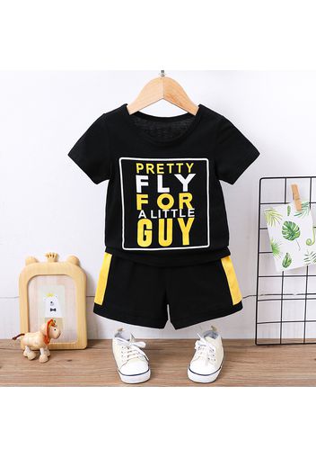 2pcs Baby Boy 95% Cotton Short-sleeve Letter Print Black T-shirt and Colorblock Shorts Set