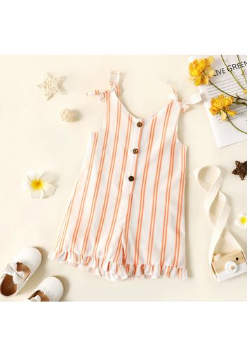 Toddler Girl Floral Print/Stripe/Orange Button Design Ruffled Cuff Bowknot Strap Romper Jumpsuit Shorts