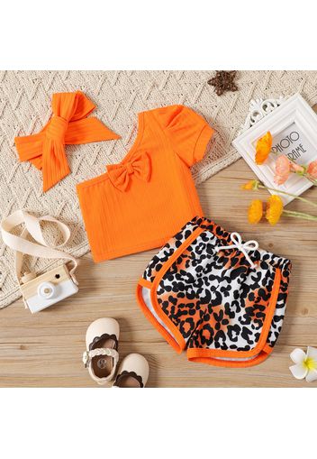 3pcs Baby Girl Orange Ribbed One Shoulder Puff-sleeve Top and Leopard Shorts with Headband Set