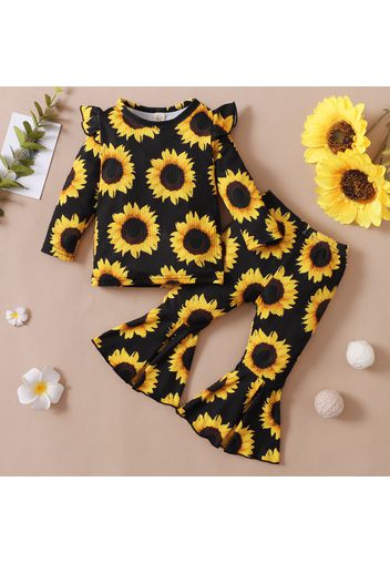 2-piece Toddler Girl Floral Sunflower Print Long-sleeve Top and Flared Pants Set