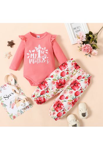 Mother's Day 2pcs Baby Girl Letter Print Pink Ribbed Long-sleeve Romper and Floral Trousers Set