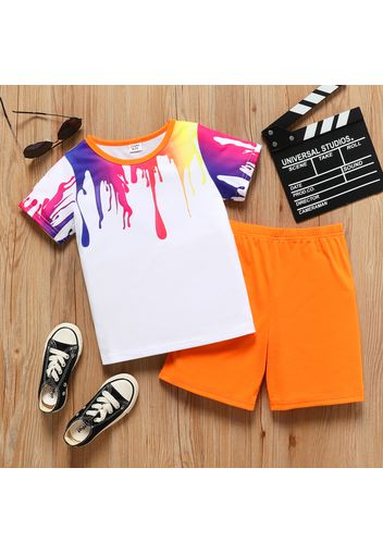 2pcs Kid Boy Painting Print Short-sleeve Tee and Orange Shorts Set