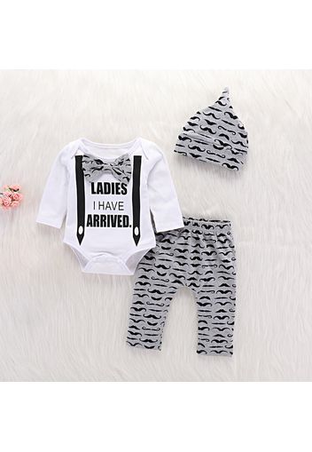 3pcs Moustache and Letter Print Long-sleeve Grey Baby Set