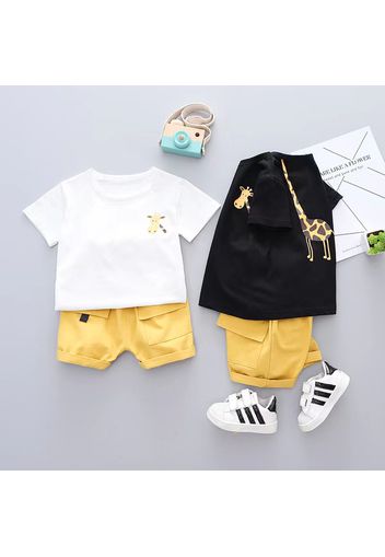 2pcs Toddler Boy Plauful Giraffe Print Tee and Cargo Shorts Set