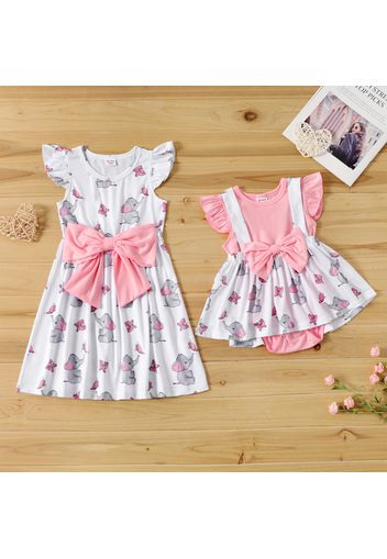 Sibling Matching Cartoon Elephant Print Flutter-sleeve Dresses Sets