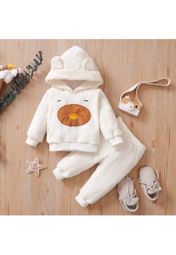 2pcs Baby Boy/Girl Thickened Fuzzy Cartoon Animal Pattern Long-sleeve Hoodie and Trousers Set