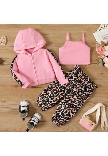 3pcs Baby Girl Long-sleeve Hooded Zip Jacket and Camisole with Leopard Print Pants Set