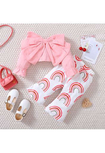 2pcs Baby Girl 100% Cotton Long-sleeve Bow Front Shirred Crop Top and Allover Rainbow Print Flared Pants Set