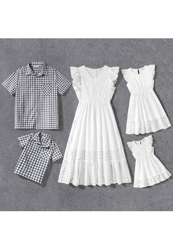 Family Matching 100% Cotton Eyelet Embroidered Flutter-sleeve Dresses and Short-sleeve Gingham Shirts Sets