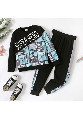 2pcs Kid Boy Letter Dinosaur Print Colorblock Long-sleeve Tee and Pants Set