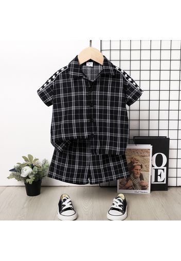 2pcs Toddler Boy Plaid Lapel Collar Short-sleeve Shirt and Black Shorts Set