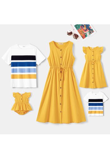 Family Matching 100% Cotton Yellow Sleeveless Button Dresses and Multicolor Striped Short-sleeve T-shirts Sets