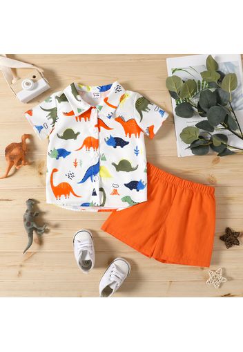 2pcs Baby Boy All Over Dinosaur Print Button Up Short-sleeve Shirt and Solid Shorts Set