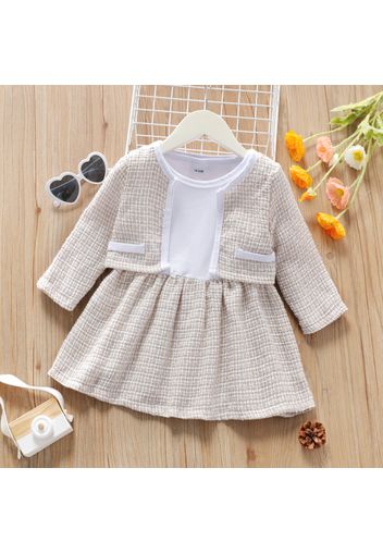 2-piece Toddler Girl Long-sleeve White Plaid Stitching Dress and Cardigan Set