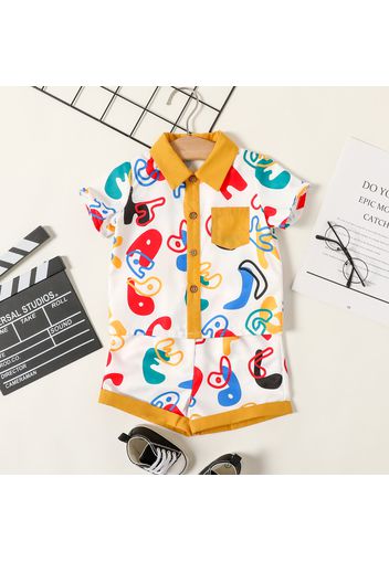 2pcs Baby Boy All Over Colorful Letter Print Short-sleeve Button Up Shirt and Shorts Set