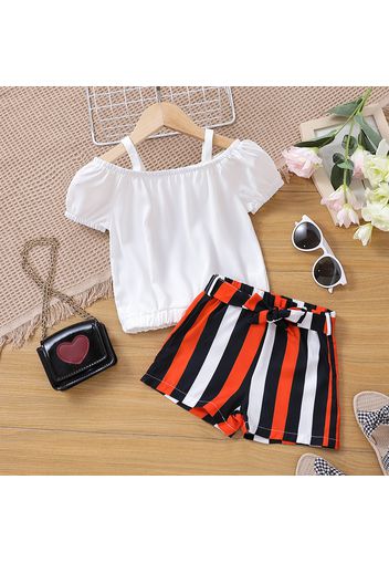 2pcs Toddler Girl Off Shoulder White Strap Tee and Stripe Belted Shorts Set