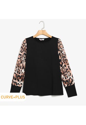 Women Plus Size Elegant Leopard Print Long-sleeve Tee